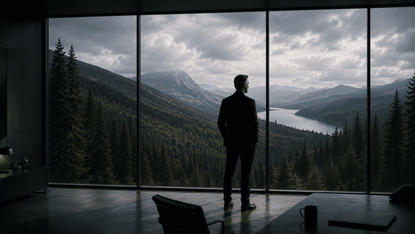 An executive overlooking a forest, mountain lake, and distant peaks through architectural glass.